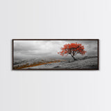 Red Tree, Hilltop Vista, Fall Landscape, Vibrant Nature, Framed Canvas Print, Autumn Wall Art, Living Room Nature Photography