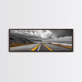 Coastal Highway Drive, Scenic Ocean Road, Stormy Sky Vibes, Framed Canvas Print, Modern Wall Art, Office Decor, Monochrome Landscape
