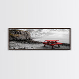 Red Picnic Table, Rocky Shore Cliffs, Bold Coastal View, Framed Canvas Print, Rustic Wall Art, Cabin Decor, Nature Lovers Gift