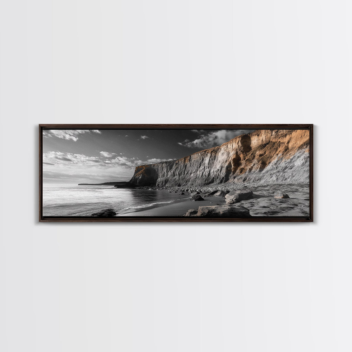 Coastal Cliffs Sunset, Rugged Shoreline Scene, Seaside Beauty, Framed Canvas Print, Earth Tone Art, Living Room Decor, Nature Wall Art