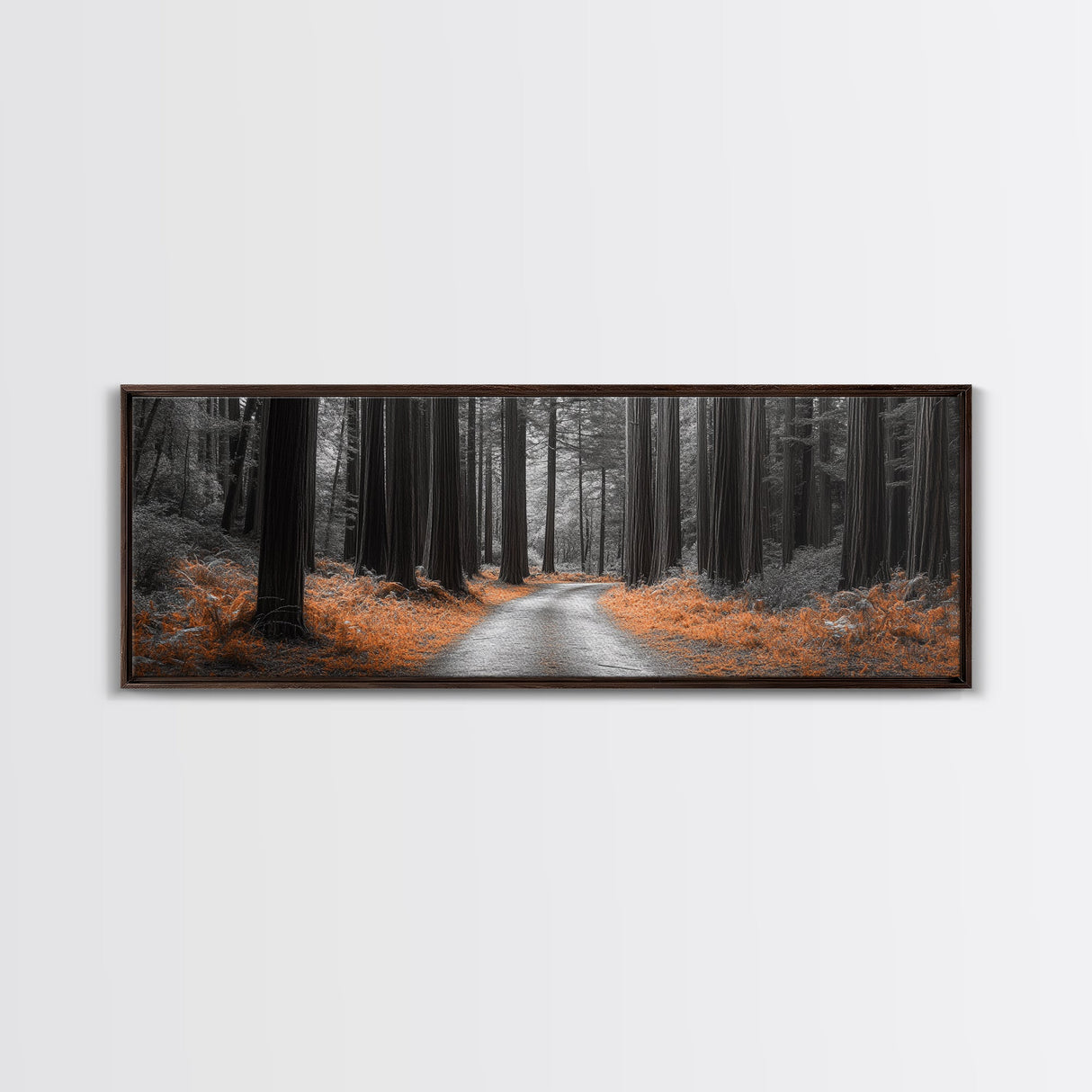 Redwood Forest Path, Serene Nature Trail, Autumn Ground Cover, Framed Canvas Print, Fall Wall Art, Rustic Home Decor, Woodland Scene