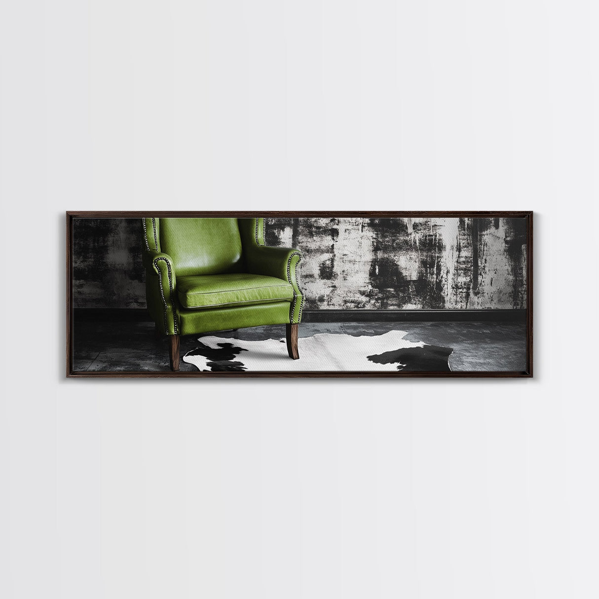 Green Leather Chair, Industrial Urban Scene, Chic Lounge Interior, Framed Canvas Print, Modern Wall Art, Man Cave Office Decor