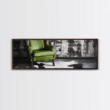 Green Leather Chair, Industrial Urban Scene, Chic Lounge Interior, Framed Canvas Print, Modern Wall Art, Man Cave Office Decor
