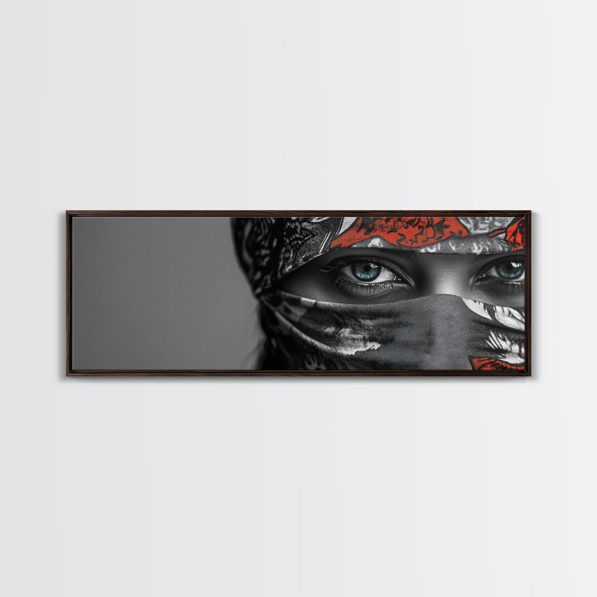 Eyes Closeup, Blue Eyes, Patterned Veil, Mysterious Portrait, Framed Canvas Print, Boho Bedroom Wall Art, Modern Glam Decor