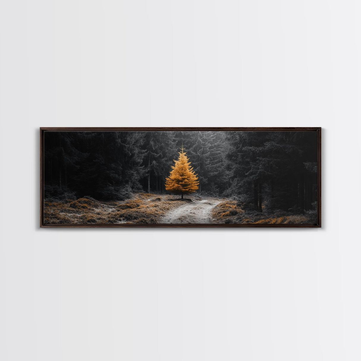 Lone Golden Tree, Forest Path Landscape, Moody Nature Wall Art, Framed Canvas Print, Minimalist Fall Decor, Entryway Accent Piece