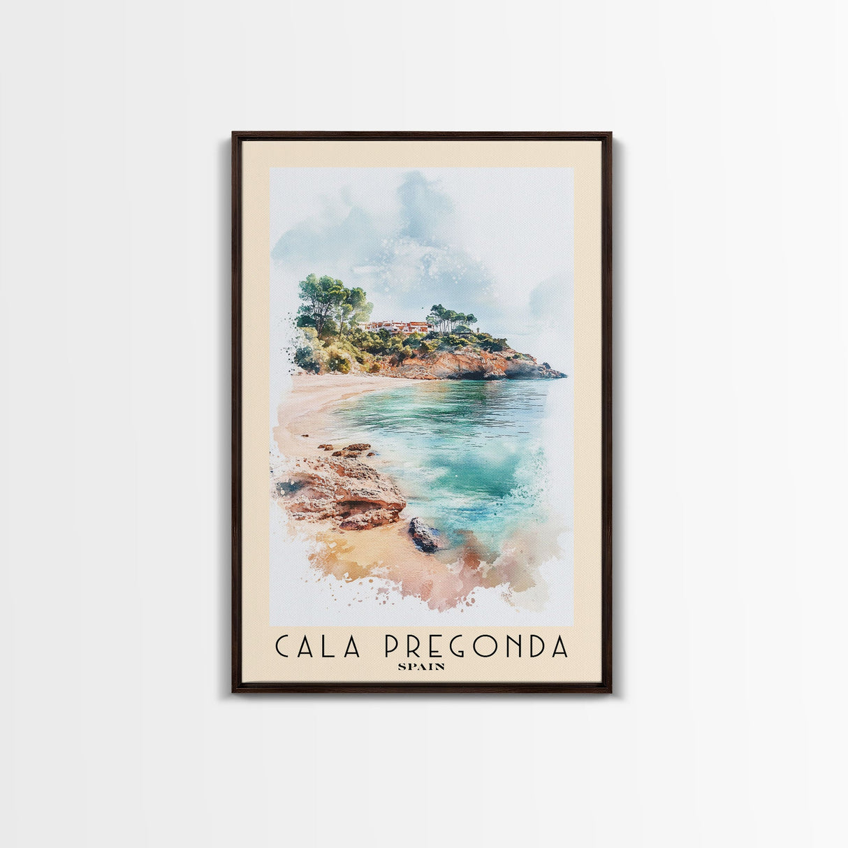 Cala Pregonda, Spain Watercolor Print, Vacation Gift, Spain Wall Art, Beach Painting, Beach Decor, Large Wall Art, Wood Frame Art