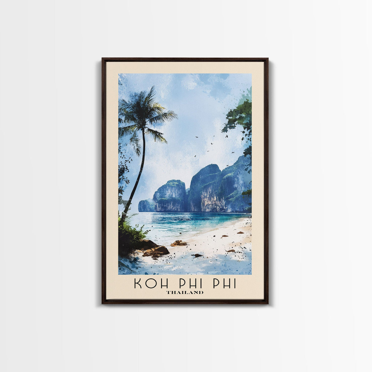 Koh Phi Phi, Thailand Watercolor Print, Vacation Gift, Thailand Wall Art, Beach Painting, Beach Decor, Large Wall Art, Wood Frame Art