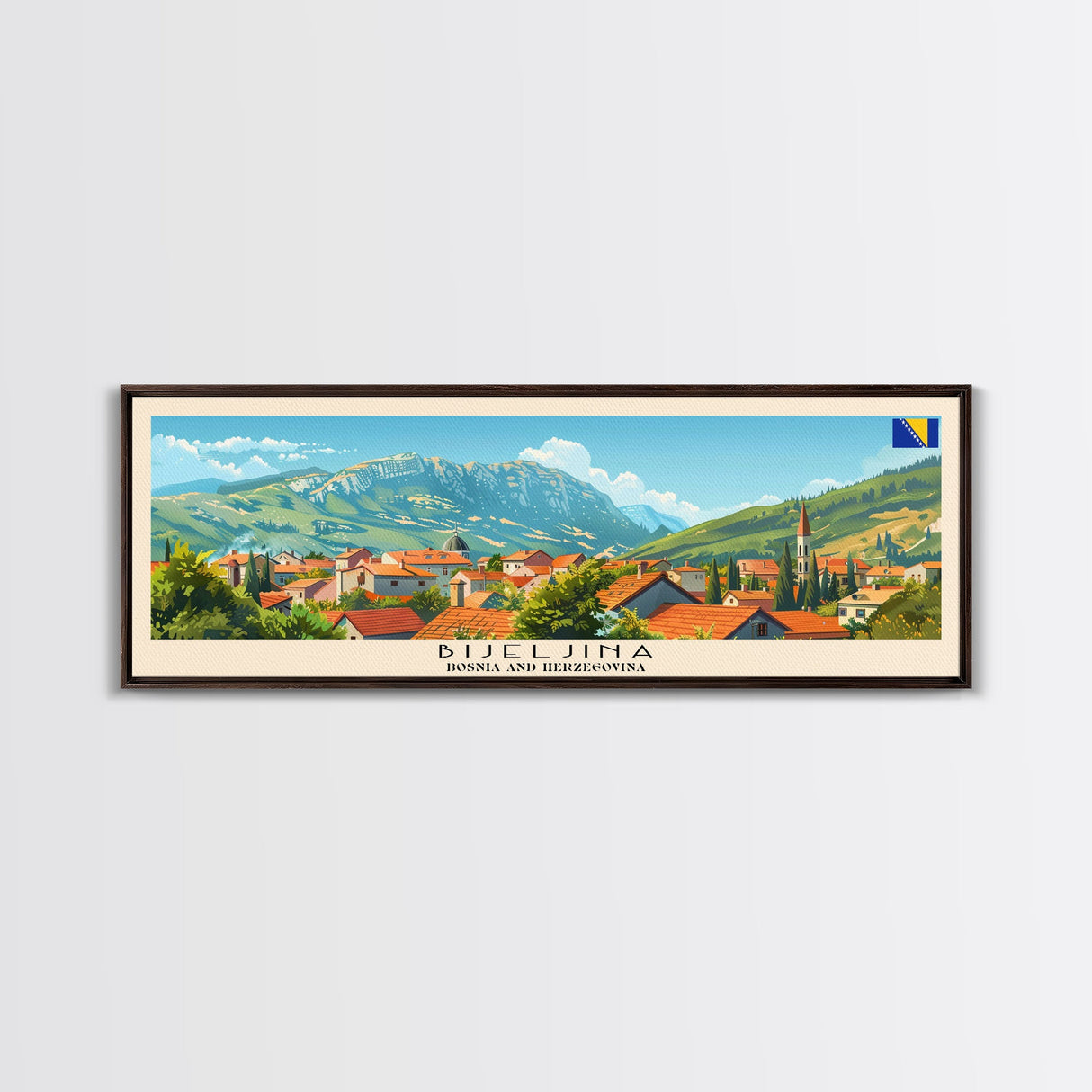 Bijeljina Bosnia Panoramic Travel Poster, Framed Canvas Print or Metal Wall Art, Travel Art, Home Decor, Panoramic Painting, Midcentury Art