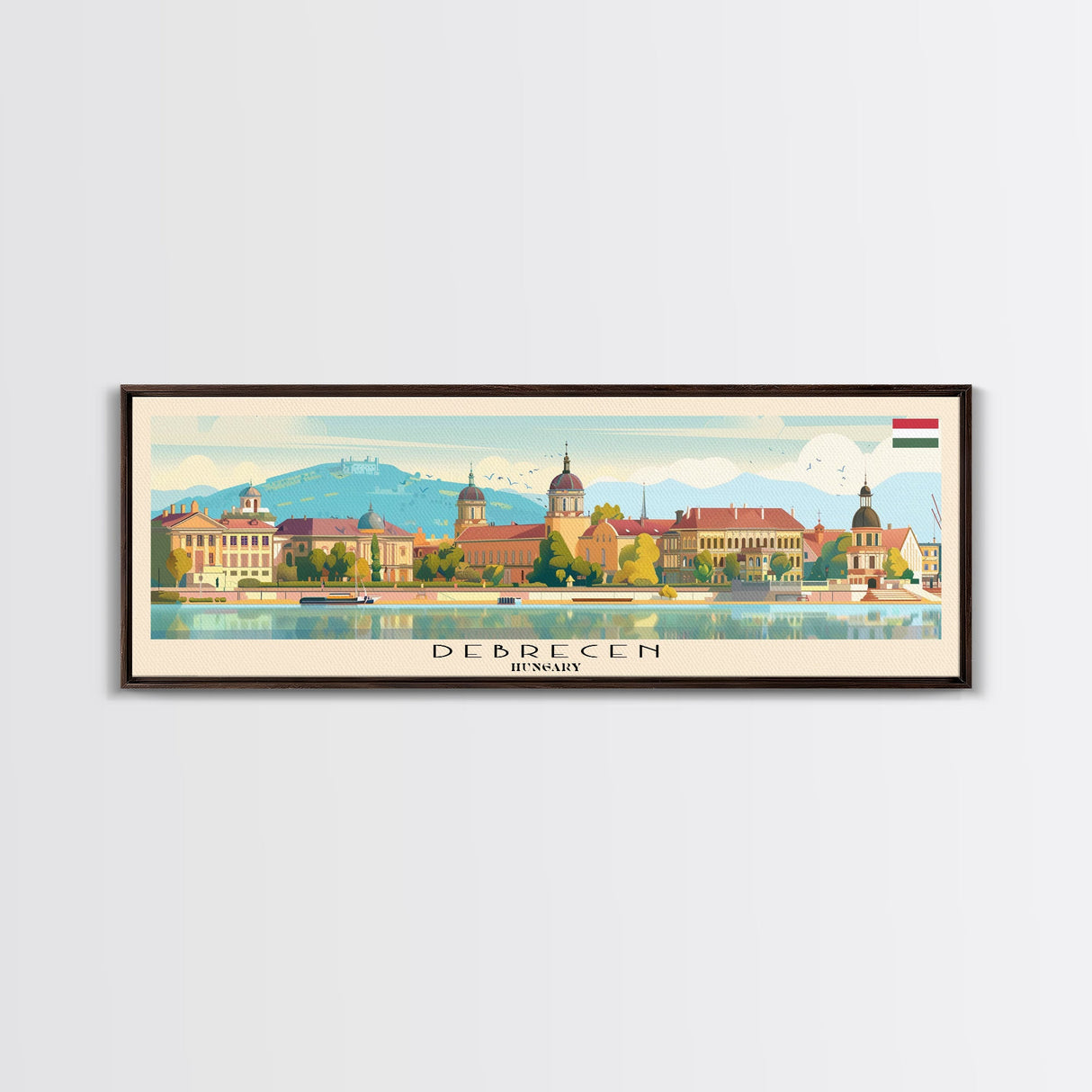 Debrecen Hungary Panoramic Travel Poster, Framed Canvas Print or Metal Wall Art, Travel Art, Home Decor, Panoramic Painting, Midcentury Art