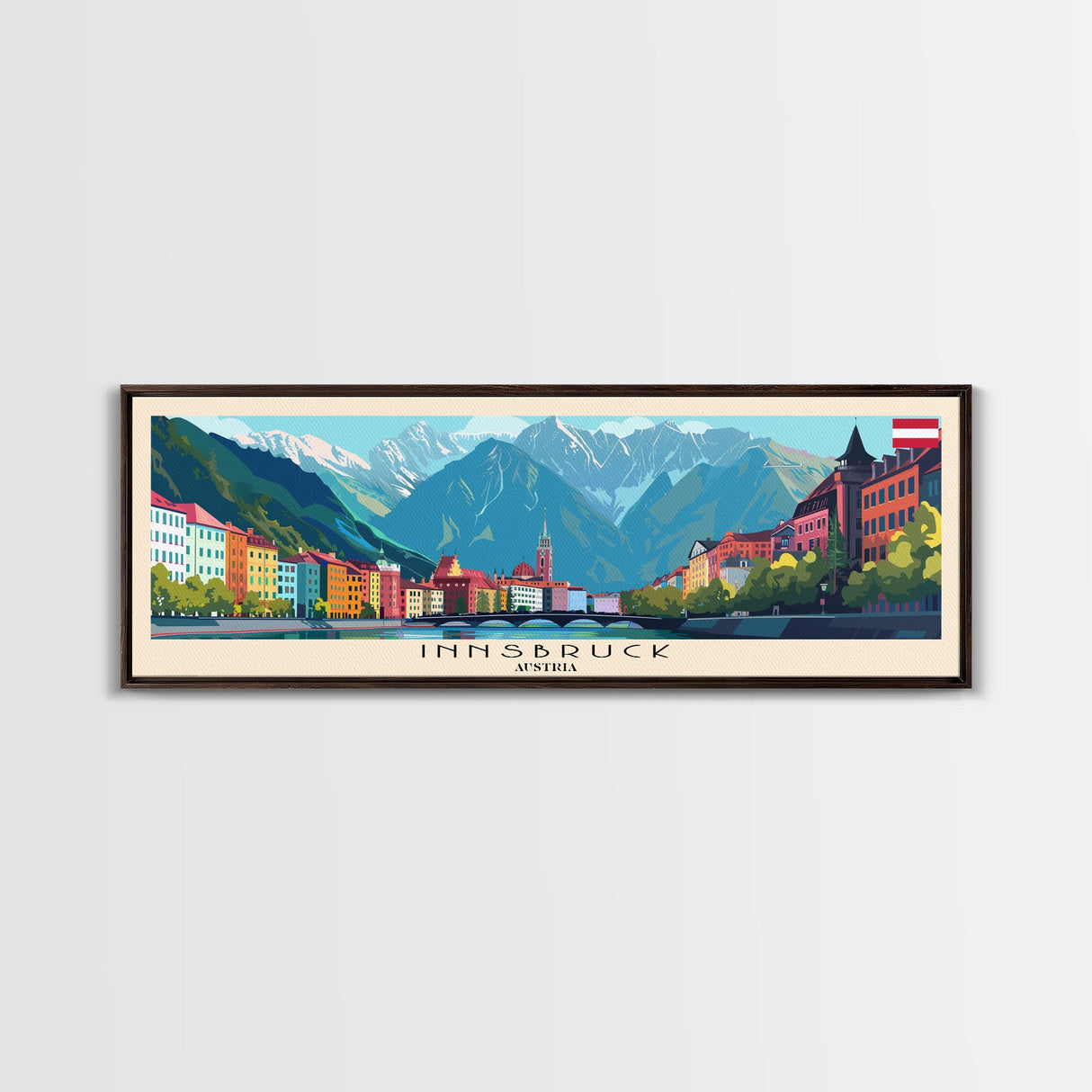 Innsbruck Austria Panoramic Travel Poster, Framed Canvas Print or Metal Wall Art, Travel Art, Home Decor, Panoramic Painting, Midcentury Art
