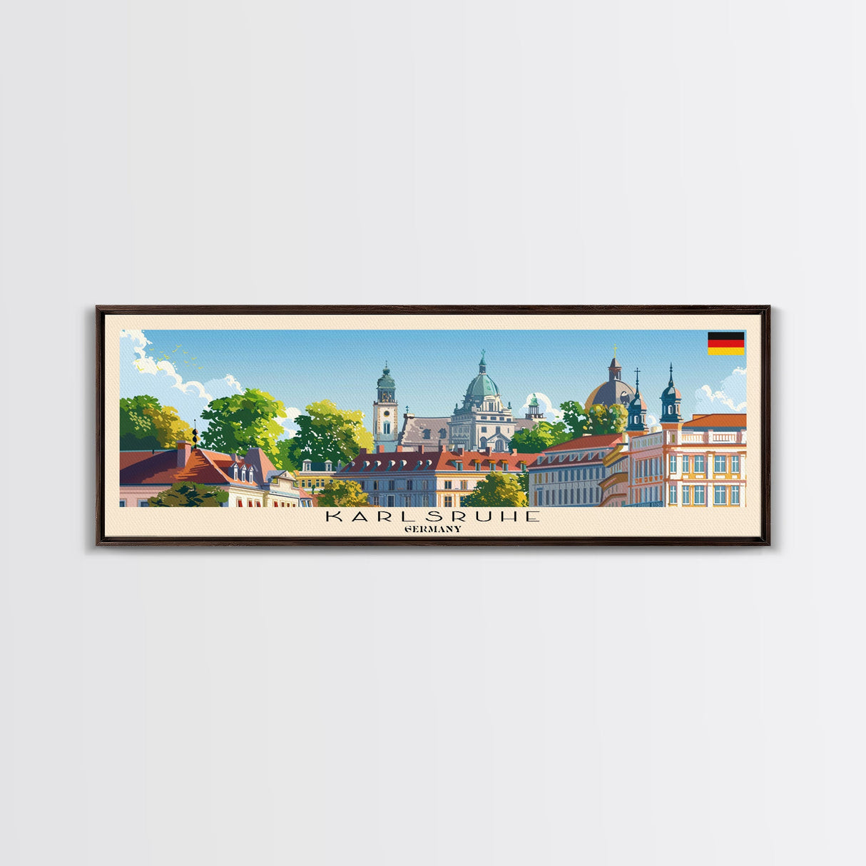 Karlsruhe Germany Panoramic Travel Poster, Framed Canvas Print or Metal Wall Art, Travel Art, Home Decor, Panoramic Painting, Midcentury Art