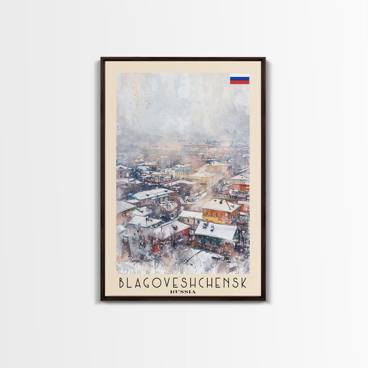 Blagoveshchensk Russia Travel Poster Framed Canvas Print, Wall Art, Home Decor, Travel Print, Winter Scene, Original Art
