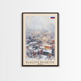 Blagoveshchensk Russia Travel Poster Framed Canvas Print, Wall Art, Home Decor, Travel Print, Winter Scene, Original Art