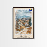 Brčko Bosnia Travel Poster Framed Canvas Print, Cityscape Art, Wall Decor, Travel Print, Watercolor Painting, Urban Scene Art