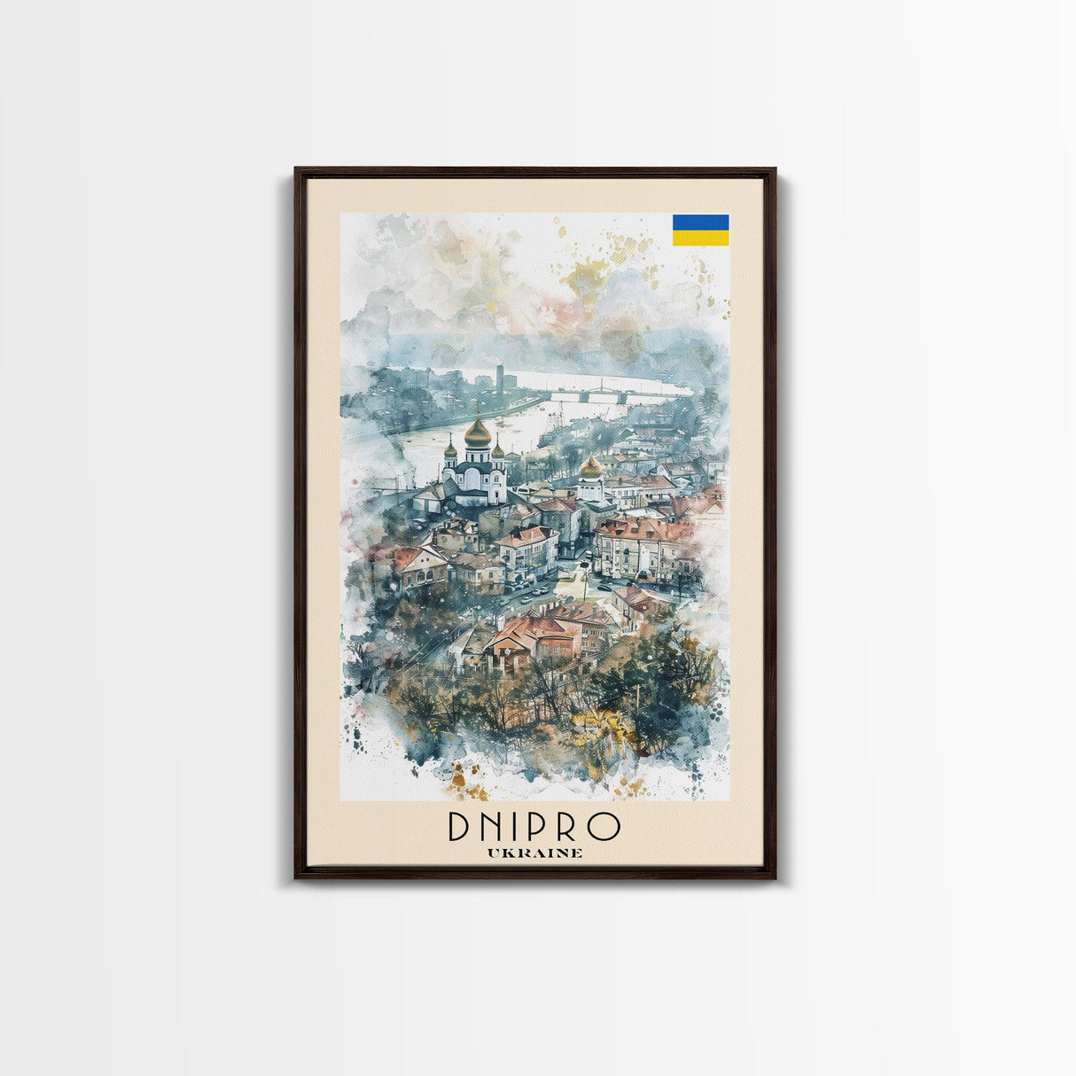 Dnipro Ukraine Urban Landscape Framed Canvas Print, Watercolor Travel Poster, Eastern European Wall Art, Elegant Home Decor, Retro Cityscape Art, Living Room Accent