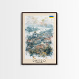 Dnipro Ukraine Urban Landscape Framed Canvas Print, Watercolor Travel Poster, Eastern European Wall Art, Elegant Home Decor, Retro Cityscape Art, Living Room Accent