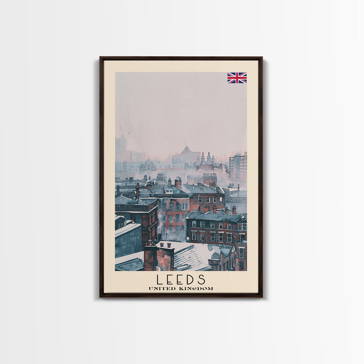 Leeds United Kingdom Travel Poster Framed Canvas Print, Urban Cityscape, Watercolor Art, Wall Decoration, Travel Print, Unique Art Gift