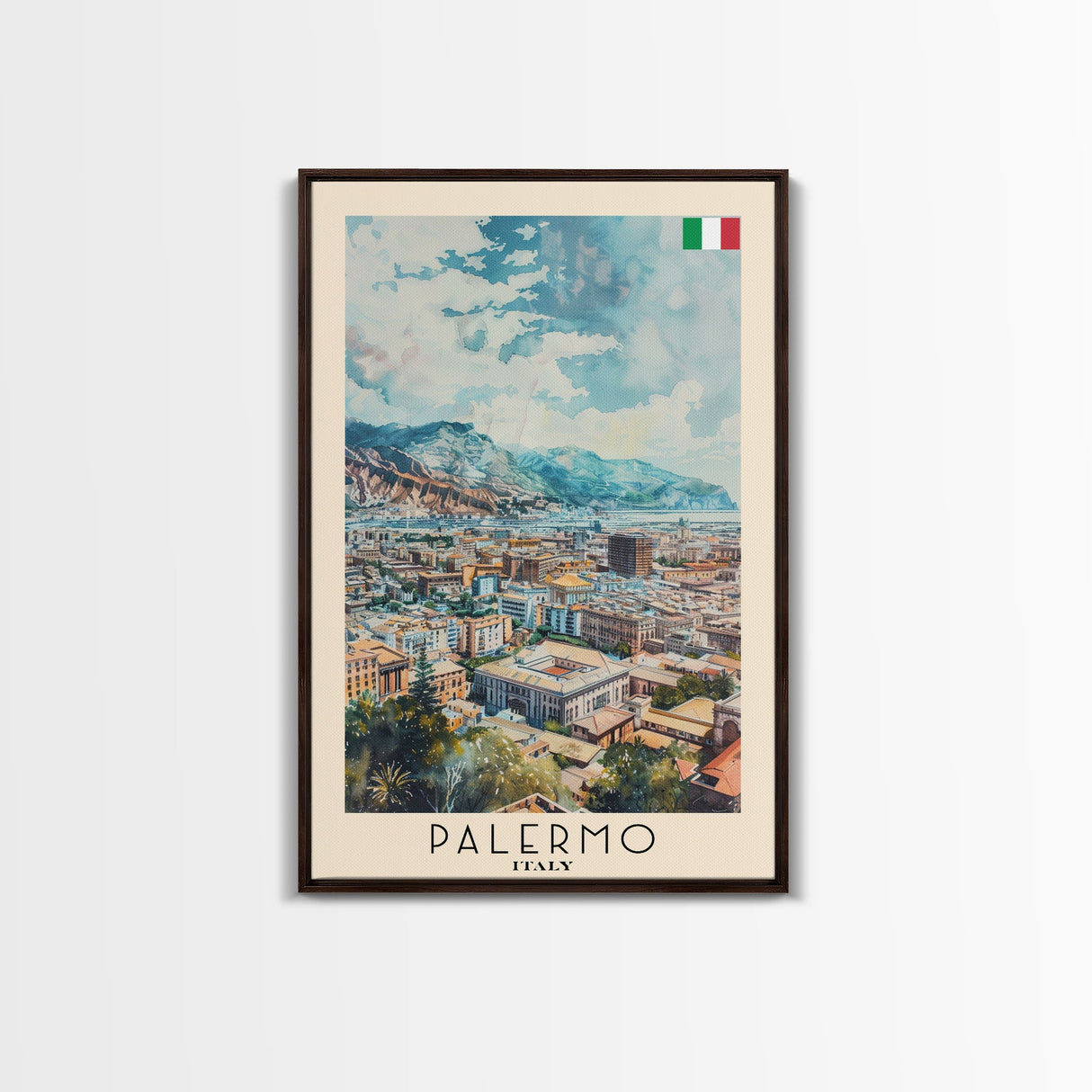 Palermo Italy Travel Poster Framed Canvas Print, Watercolor Painting, Coastal Wall Art, Home Decor, Italian Seaside, Vibrant Art