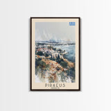Piraeus Greece Travel Poster Framed Canvas Print, Watercolor Painting, Coastal Wall Art, Home Decor, Greek Seaside, Vibrant Art