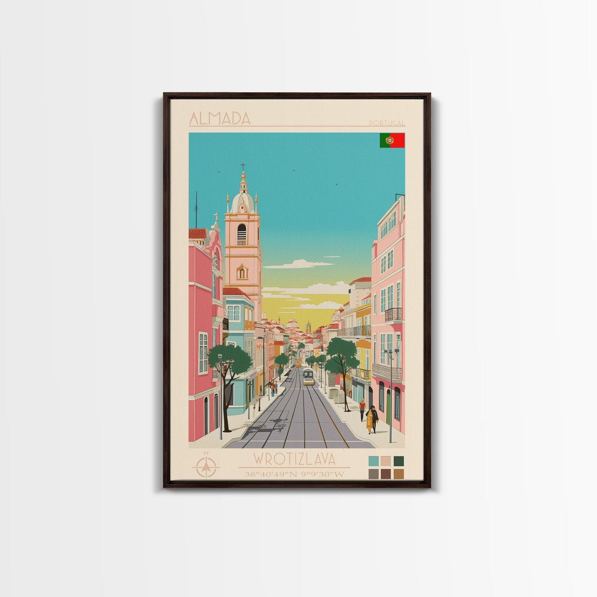 Almada Portugal Travel Poster Framed Canvas Print, Midcentury Modern Art, Pop Art Decor, Wall Art, Vacation Gift, Living Room Decoration, Scenic Print