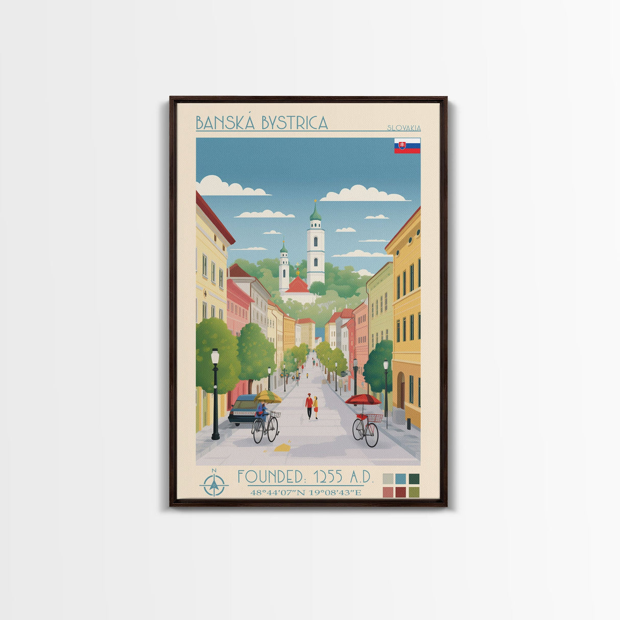 Banská Bystrica City in Slovakia Slovakia Travel Poster Framed Canvas Print, Midcentury Modern Art, Pop Art Wall Decor, Home Decor, Vacation Gift, Living Room Art