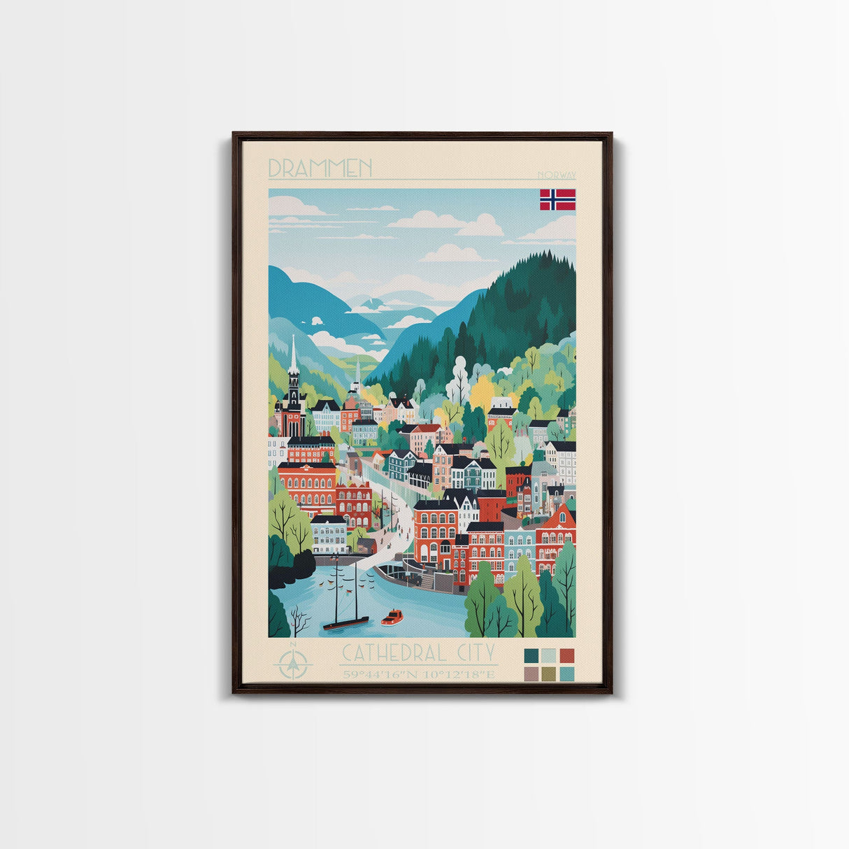 Drammen Norway Travel Poster Framed Canvas Print, Midcentury Modern Art, Pop Art Wall Decor, Home Decor, Vacation Gift, Living Room Art