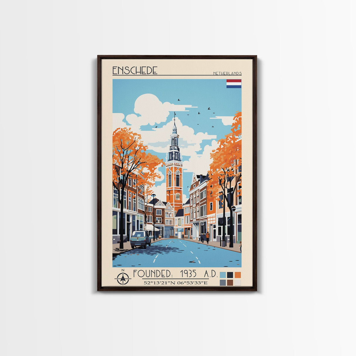 Enschede Netherlands Travel Poster Framed Canvas Print, Midcentury Modern Art, Pop Art Wall Decor, Scenic Wall Art, Bedroom Decoration