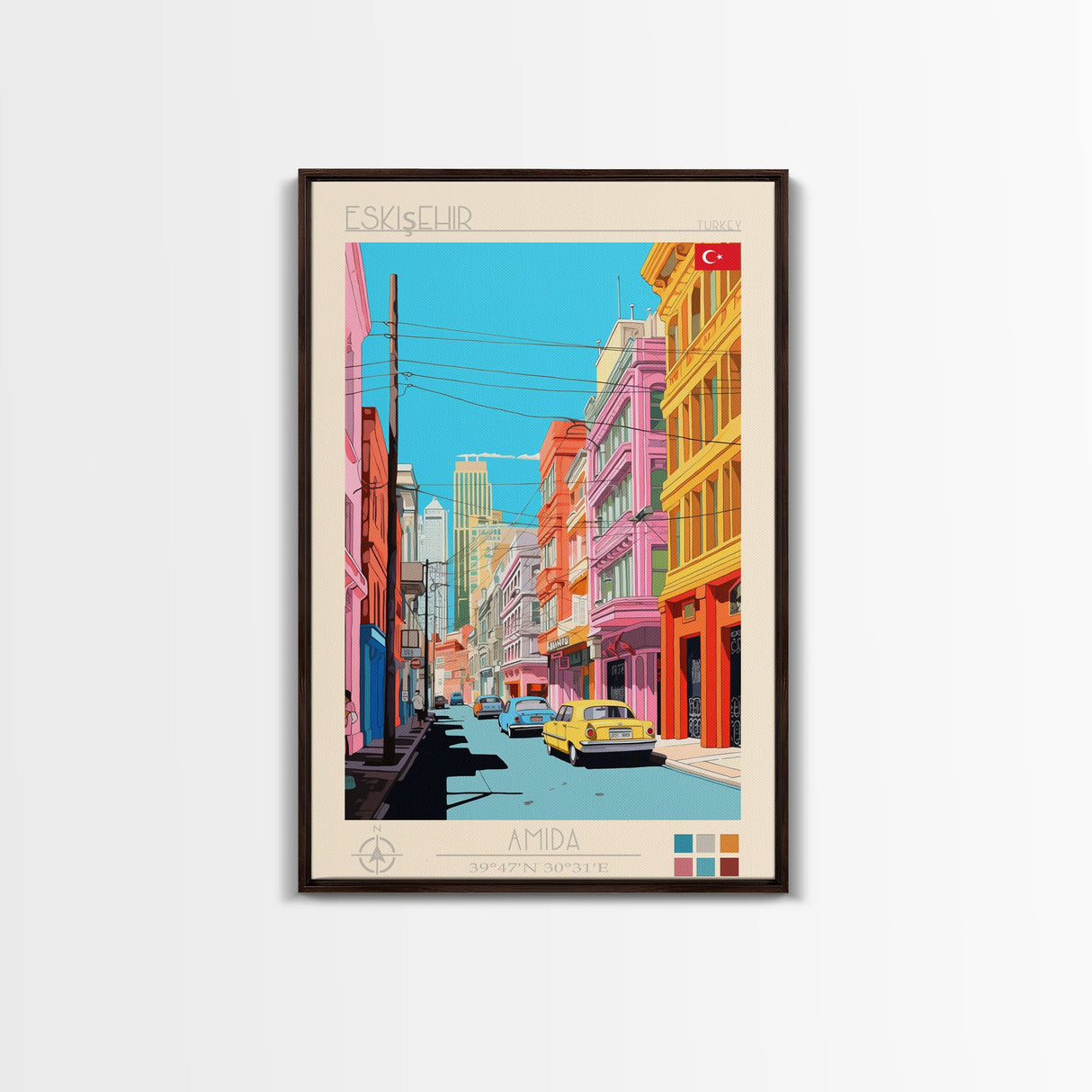 Eskişehir Turkey Travel Poster Framed Canvas Print, Midcentury Modern Art, Pop Art Wall Decor, Scenic Living Room Art, Bedroom Decor
