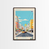 Joensuu Finland Travel Poster Framed Canvas Print, Midcentury Modern Art, Pop Art Wall Decor, Scenic Living Room Art, Bedroom Decor