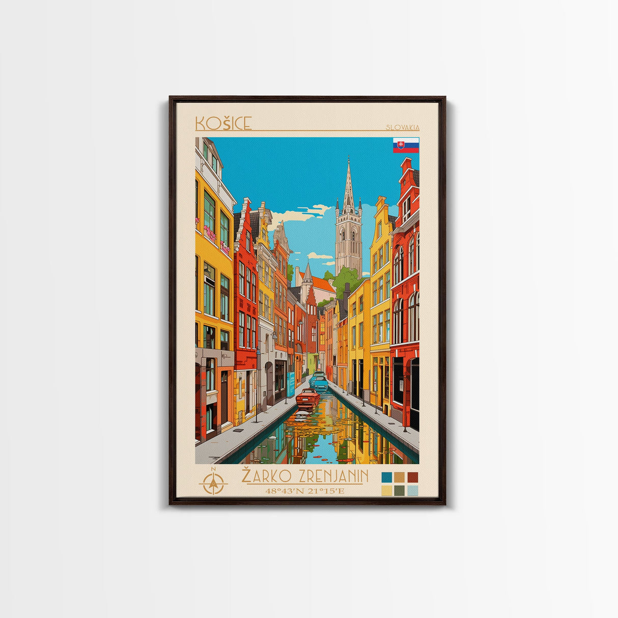 Košice Slovakia Travel Poster Framed Canvas Print, Midcentury Modern Art, Pop Art Wall Decor, Scenic Living Room Art, Bedroom Gift