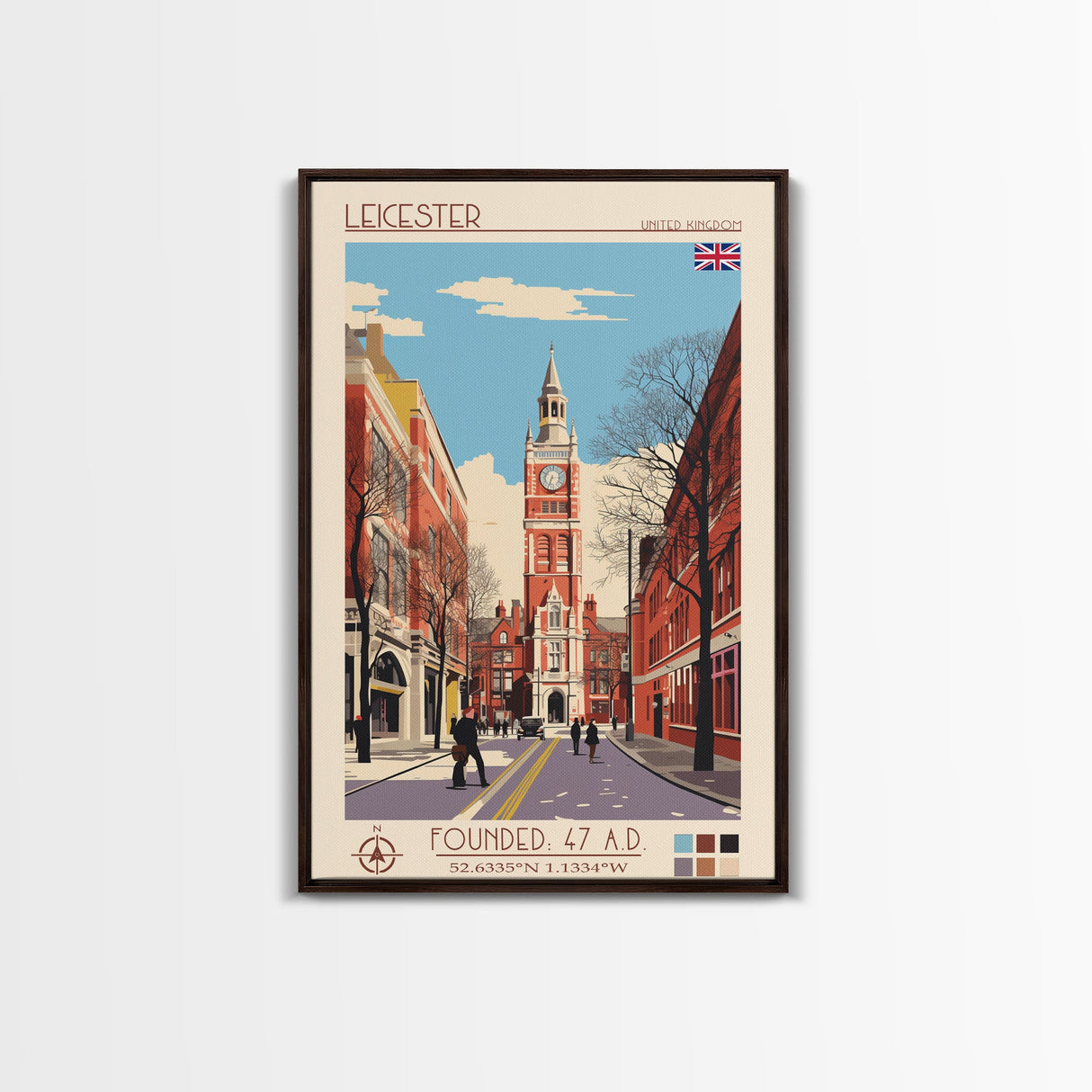 Leicester United Kingdom Travel Poster Framed Canvas Print, Midcentury Modern Art, Pop Art Wall Decor, Home Decor, Vacation Gift, Office Art