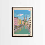 Linz Austria Travel Poster Framed Canvas Print, Wall Decor, Midcentury Modern Art, Pop Art, Scenic Art for Bedroom and Living Room