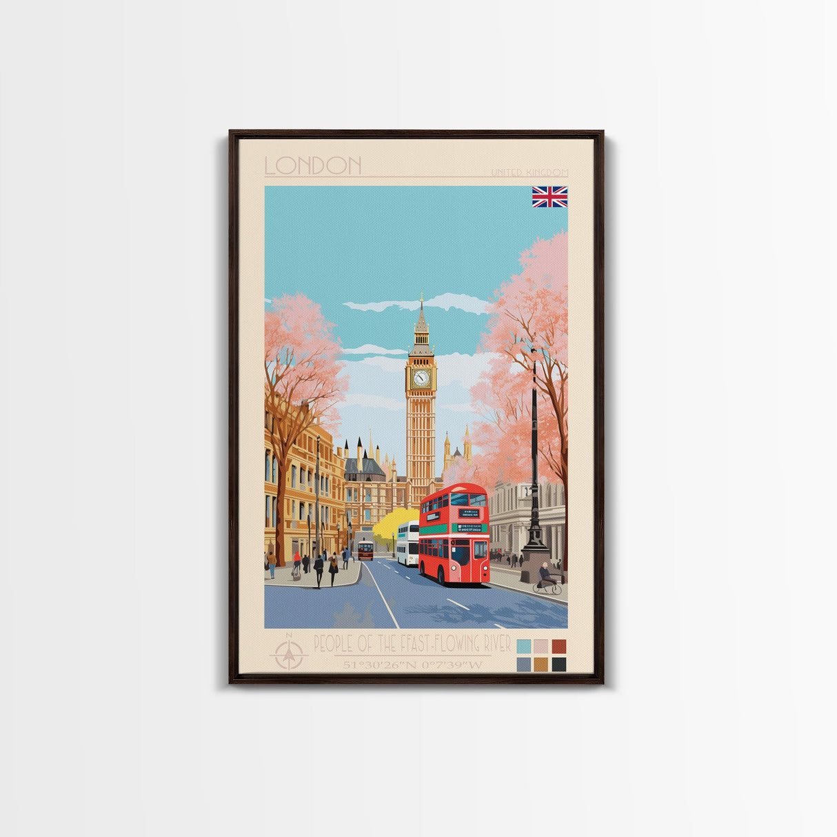 London United Kingdom Travel Poster Framed Canvas Print, Wall Decor, Midcentury Modern Art, Pop Art, Scenic Art for Office and Home