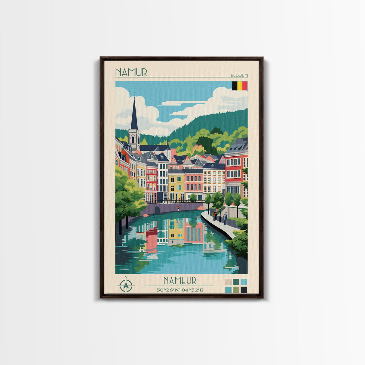 Namur Belgium Travel Poster Framed Canvas Print, Midcentury Modern Art, Pop Art Wall Decor, Scenic Wall Art, Living Room Decoration, Office Gift
