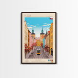 Plzeň Czech Republic Travel Poster Framed Canvas Print, Midcentury Modern Art, Pop Art Wall Decor, Scenic Living Room Art, Bedroom Decor
