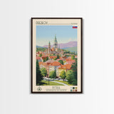 Prešov Slovakia Travel Poster Framed Canvas Print, Midcentury Modern Art, Pop Art Wall Decor, Scenic Living Room Art, Bedroom Gift