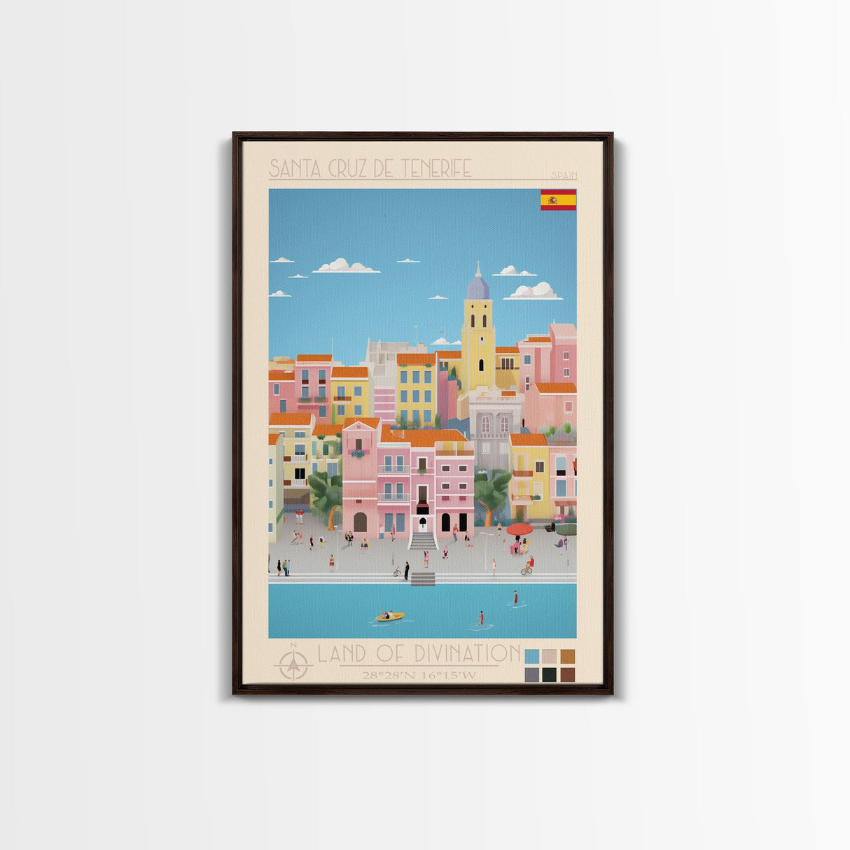 Santa Cruz de Tenerife Spain Travel Poster Framed Canvas Print, Midcentury Modern Art, Pop Art Wall Decor, Living Room Art, Bedroom Decoration