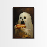 Ghostly Hot Dog Thief, Cute Lil Ghost Eatin' a Dog, The Hot Dog Ghost, Haunted Hot Dog Thief, Framed Canvas Print, Halloween Art