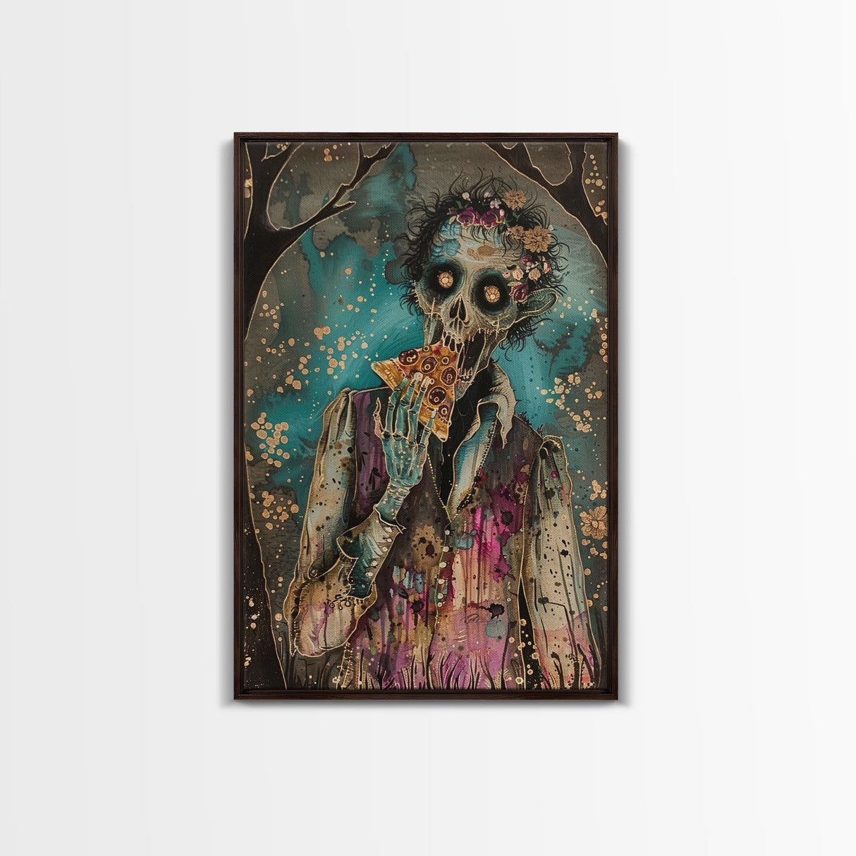 Halloween Zombie Eating Pizza, Framed Canvas Print, Wall Art, Living Room Decor, Spooky, Zombie Art, Original Painting, Home Decor