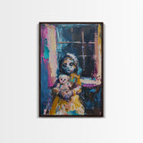 Halloween Creepy Girl with Doll, Framed Canvas Print, Wall Art, Living Room Decor, Spooky, Girl Art, Original Painting, Home Decor