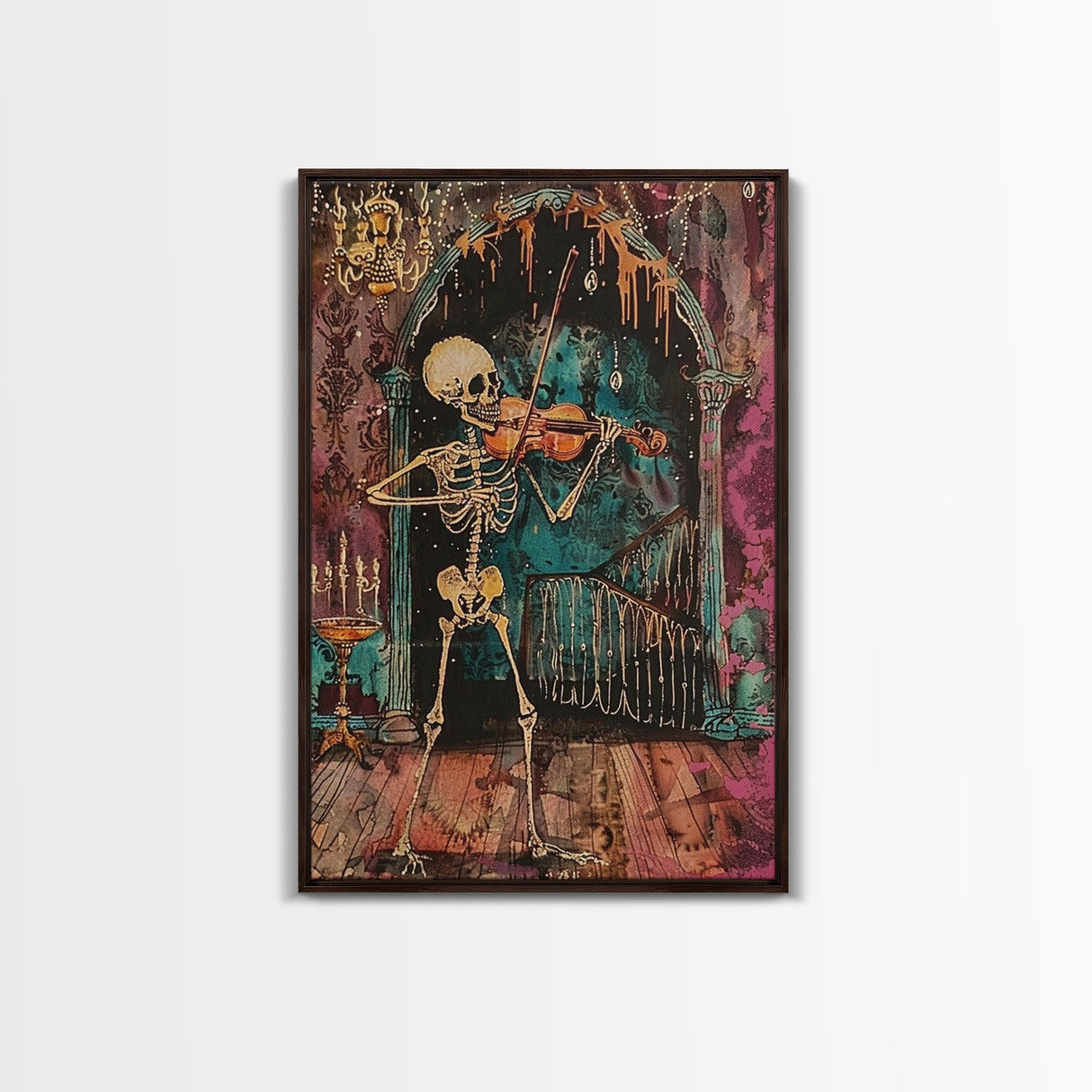 Halloween Skeleton Playing Violin, Framed Canvas Print, Wall Art, Living Room Decor, Spooky, Skeleton Art, Original Painting