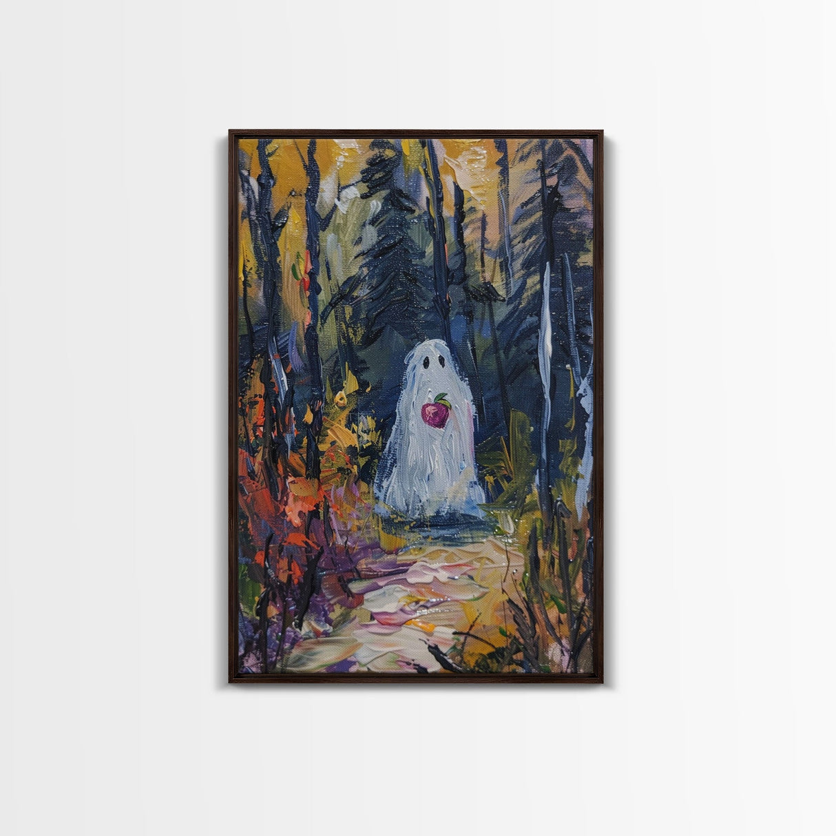 Halloween Ghost in Forest with Apple Framed Canvas Print, Whimsical Spooky Decor, Living Room Art, Fun Halloween Art, Home Decor, Retro Art