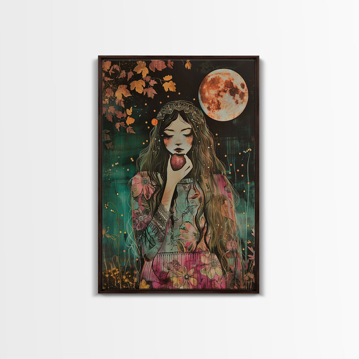 Ghostly Witch With Red Apple, Framed Canvas Print, Wall Art, Spooky Decor, Halloween Decoration, Living Room Art, Unique Gift