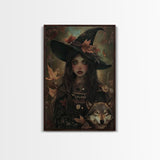 The Witch And The Wolf Framed Canvas Print, Spooky Halloween Wall Art, Halloween Prop, Halloween Products, Canvas Art, Home Decor