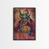 Spooky Demon Eating Chips Framed Canvas Print, Halloween Art, Unique Wall Art, Creepy Home Decor, Scary Art, Spooky Living Room Decor
