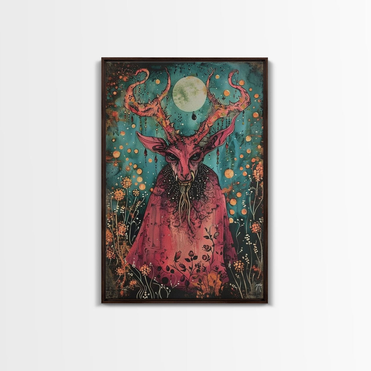 Enchanted Demon Under Full Moon Framed Canvas Print, Halloween Art, Creepy Wall Art, Spooky Home Decor, Art, Haunting Living Room Decor