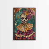 Day of the Dead Doll with Floral Crown Framed Canvas Print, Halloween Art, Creepy Wall Art, Spooky Home Decor, Scary Art, Unique Wall Decor