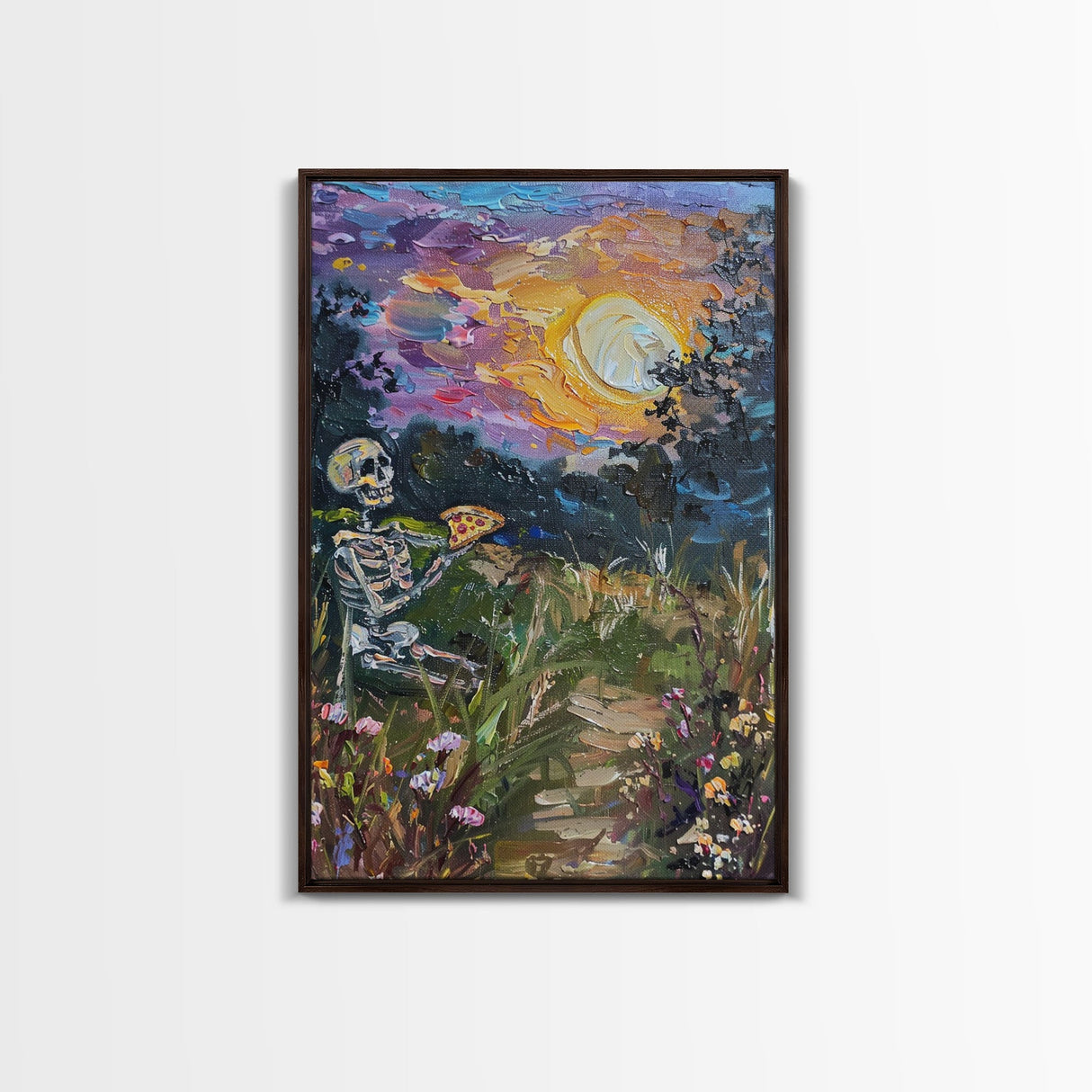 Graveyard Pizza Party Framed Canvas print, Skeleton Eating Pizza In a Cemetary Halloween Decor