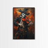 Skeleton Violinist Performing in Fiery Background | Halloween Wall Art | Spooky Home Decor Musician Skeleton Painting | Framed Canvas Print