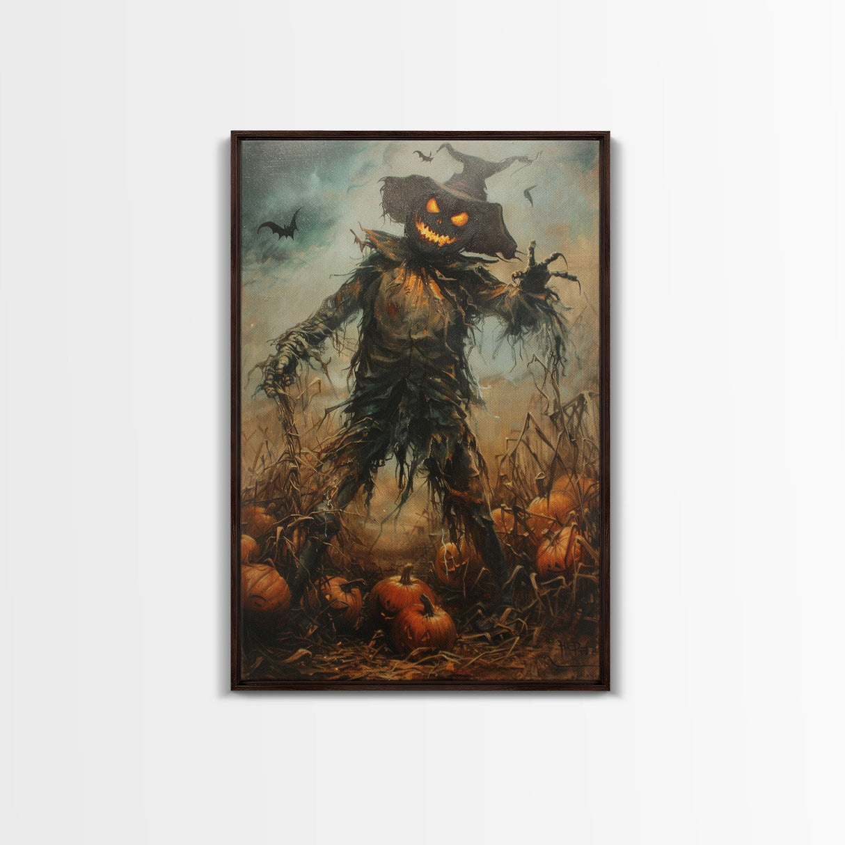 Sinister Scarecrow in Pumpkin Patch | Halloween Wall Art | Spooky Home Decor | Creepy Pumpkin Scarecrow Painting | Framed Canvas Print